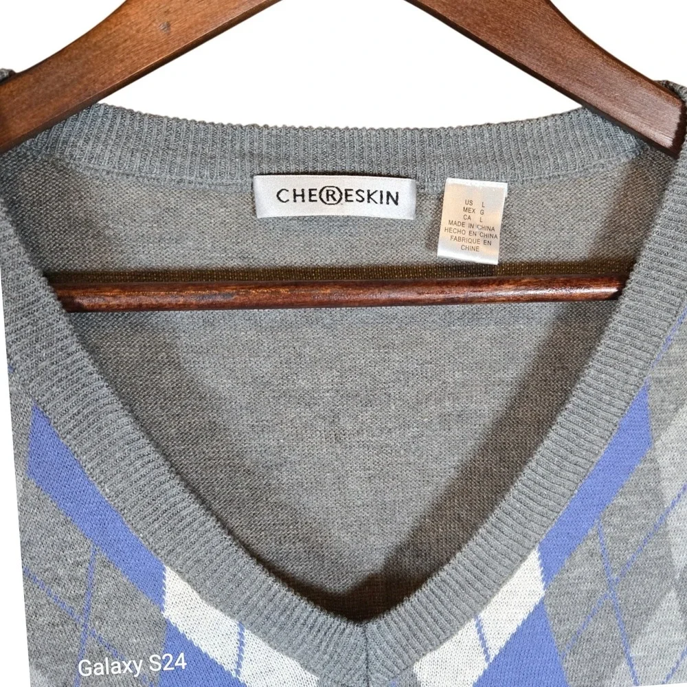 CHERESKIN Mens Argyle V Neck‎ Sleeveless Sweater Vest Gray Blue L